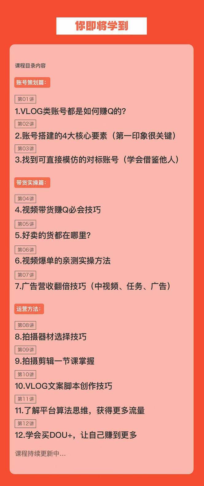 初学者VLOG小视频夏令营：懂得卖货、好货、直播间、中视频、赚Q方式（16堂课）插图1