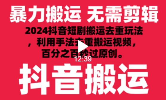 2024最新抖音搬运技术，抖音短剧视频去重，手法搬运，利用工具去重，达到秒过原创的效果【揭秘】-中赚微课堂-木木源码网